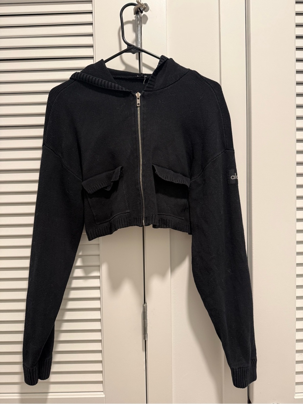 ALO Yoga Black Cropped Hooded Zip Bomber Jacket